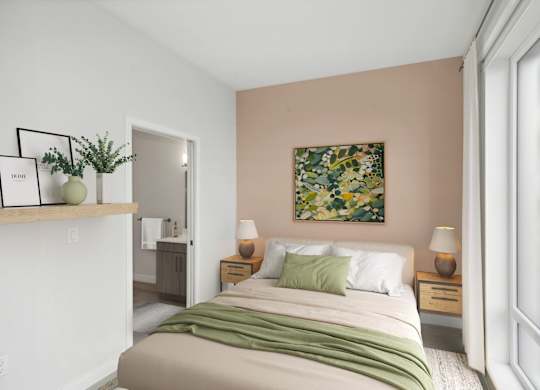 A bedroom with a bed, nightstands, and a painting on the wall.