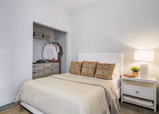 A bedroom with a bed, nightstand, and closet.