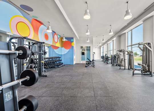 A gym with a variety of equipment including weights and machines.