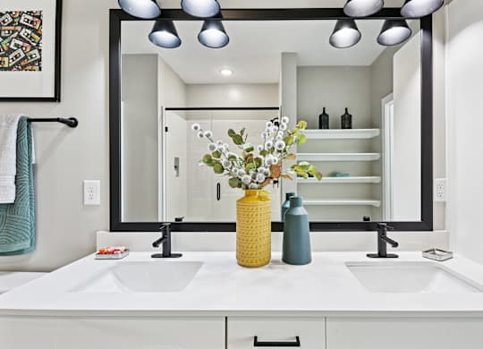 A bathroom with a white countertop and a large mirror above it.