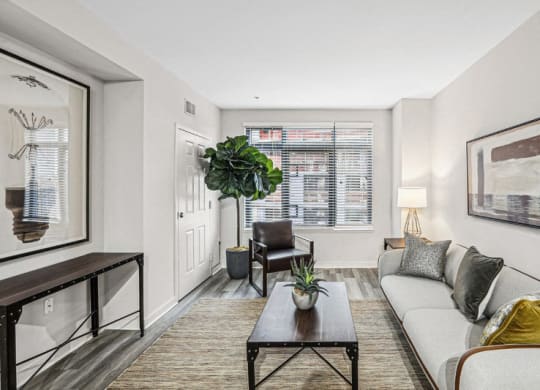 the living room of an apartment with a couch and a coffee table