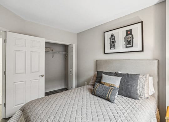 a bedroom with a bed and a closet