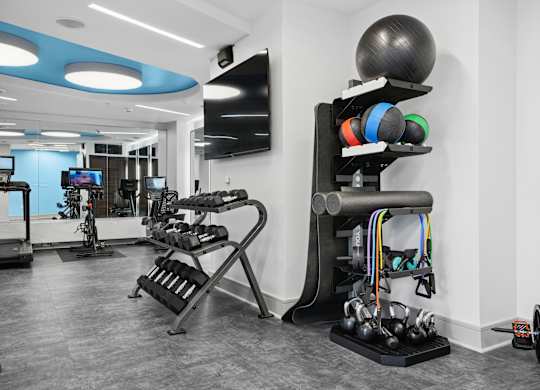 A gym with a variety of equipment including weights and exercise machines.