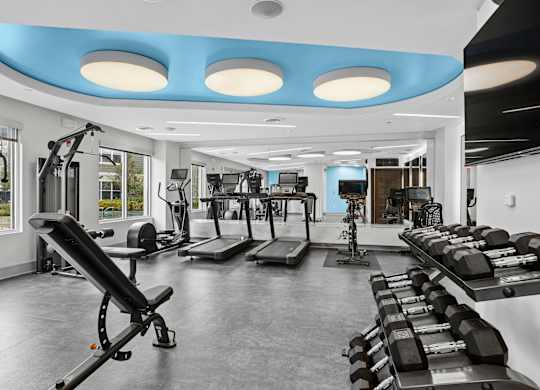 A gym with a variety of equipment including treadmills, weights, and exercise machines.