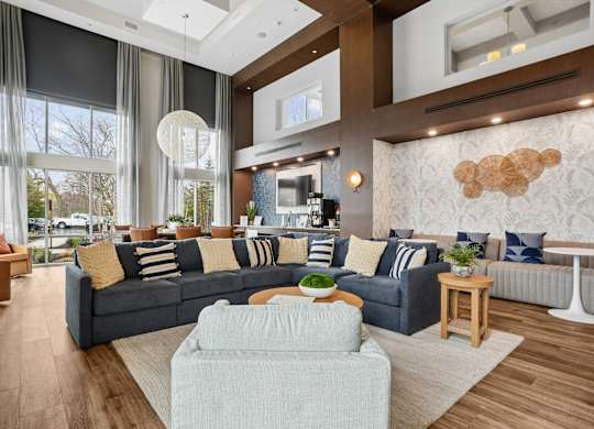 A modern living room with a grey sofa and a wooden coffee table.