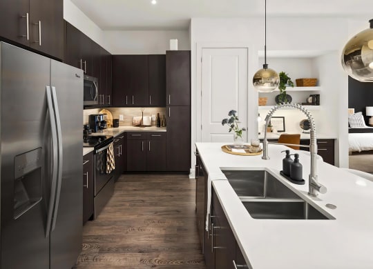 Stylish Kitchen with Stainless Steel Appliances and Dark Wood Cabinetry