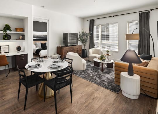 Living Room and Dining Table With Built-In Desk and Bedroom Entry