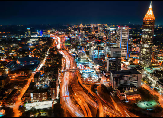 City Lights and Freeway Traffic in Downtown Atlanta After Dark