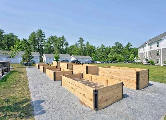 Raised garden beds beside apartment buildings at Madison at Marshfield.