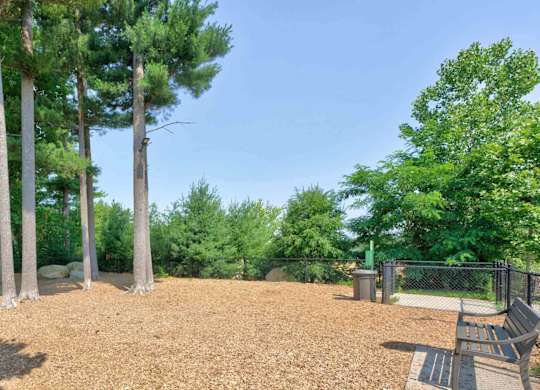 Fenced dog park with mature trees and benches at Madison at Marshfield.