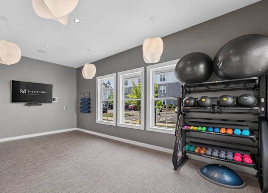 On-demand fitness room with a wall screen, exercise balls, weights, and balance equipment.