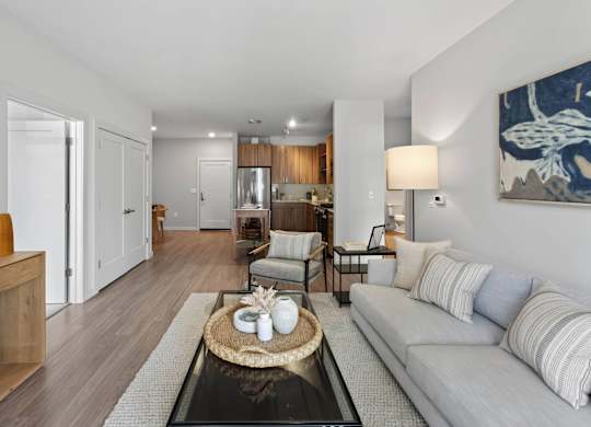 Open apartment living area with a sofa, coffee table, kitchen, and wood-style flooring.