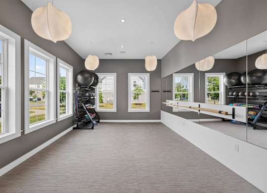 Fitness room with mirrored walls, exercise balls, mats, and large windows.