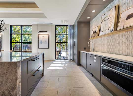 Chef-inspired catering kitchen with quartz countertops, modern cabinetry, and statement backsplash
