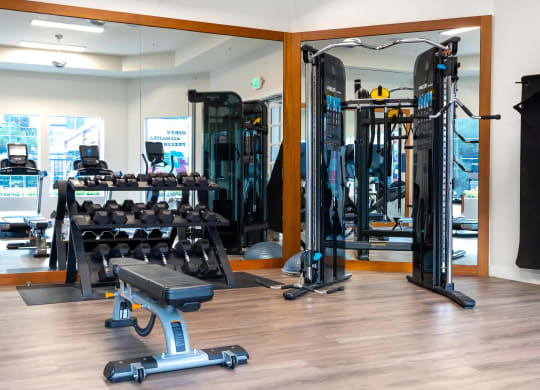 One-Bedroom Apartments In Rancho Cucamonga, CA - Villas At The Gardens - 24-Hour Fitness Center With Free Weights, Weight-Training Machine, Workout Bench, Stationary Bikes, Treadmills, Ceiling Fans, TVs, And Mirror Walls.