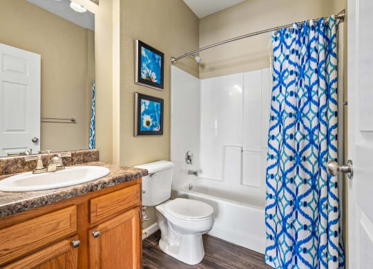 a bathroom with a sink toilet and shower