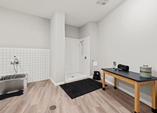 dog wash room with a shower and a sink and a bath tub