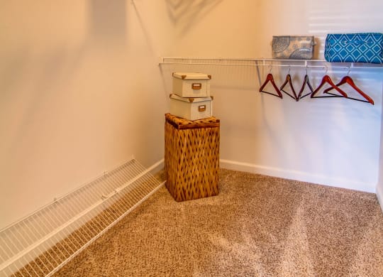 a closet with clothes racks and a basket on the floor