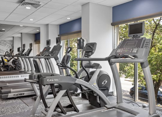 a row of treadmills and exercise machines in a fitness room