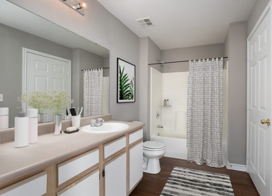 a bathroom with a shower and a sink and a toilet