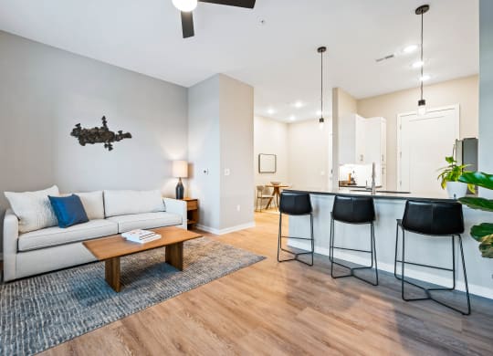 a living room with a couch and a kitchen with a bar