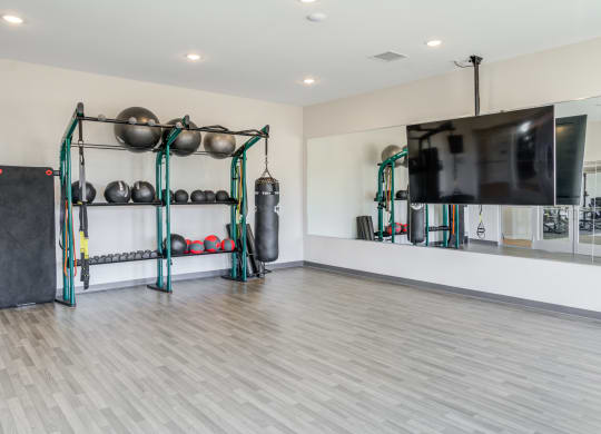 Citrine on-demand fitness center with virtual classes, stationary bikes and open area