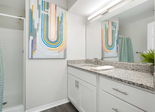 the preserve at ballantyne commons bathroom with granite counter top and shower