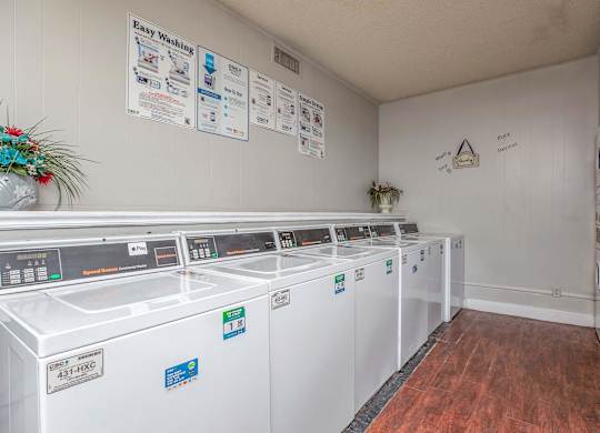 a laundry room with rows of washes and dryer machines