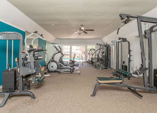 a gym with weights and cardio machines and a ceiling fan