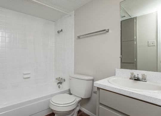 a bathroom with a toilet sink and tub and a mirror