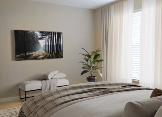 a bedroom with a bed and a painting on the wall
