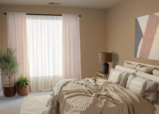 a bedroom with a bed and a window with white curtains