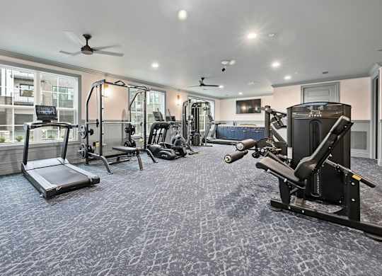 A spacious gym with a variety of equipment including treadmills, weights, and a bench press.