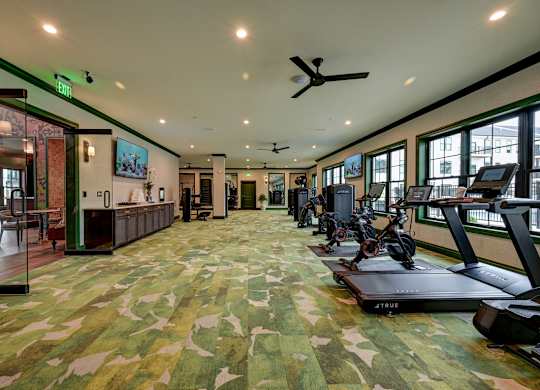 A gym with a camouflage carpet and exercise equipment.