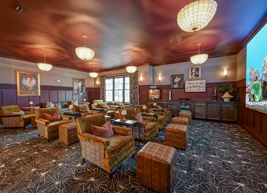 A room with a lot of chairs and a patterned carpet.