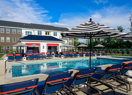 Resort style pool with cabanas and lounge chairs at Fairmont Apartments, Westerville, OH