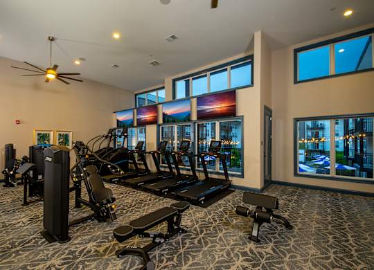 A gym with a variety of equipment including treadmills, elliptical machines, and weights.
