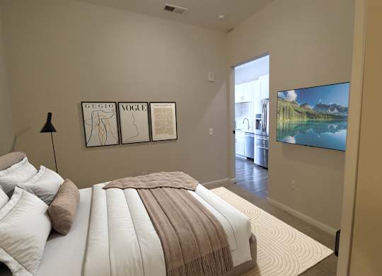 A bedroom with a bed, pillows, a blanket, a lamp, a framed picture on the wall, and a television.