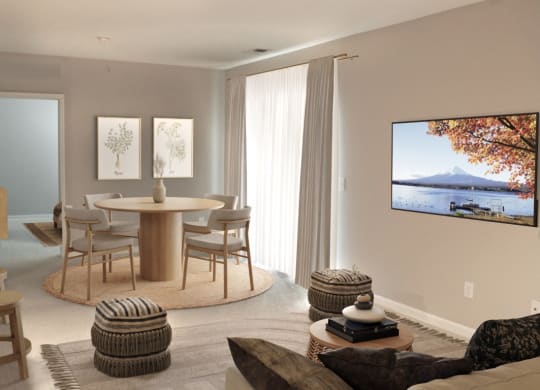 a rendering of a living room with a table and chairs and a tv