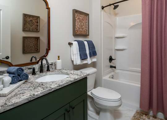 A bathroom with a sink, mirror, toilet, and shower.