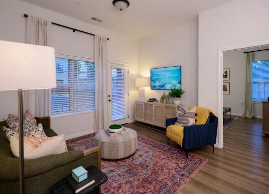 A living room with a green couch, a white lamp, a TV on the wall, and a rug on the floor.