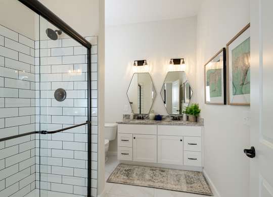 A bathroom with a glass shower door and a vanity with a mirror above it.