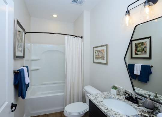 A bathroom with a white toilet, a sink, a bathtub, and a mirror. at Fairmont Apartments, Ohio