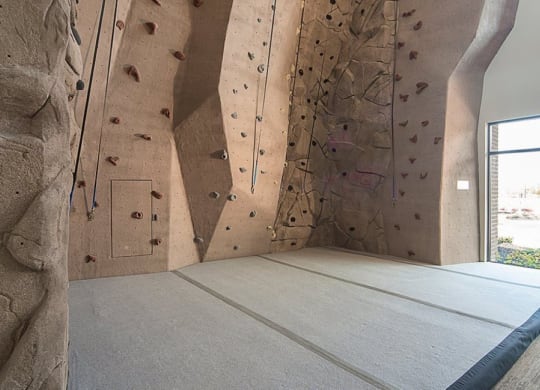 a bedroom with a rock climbing wall