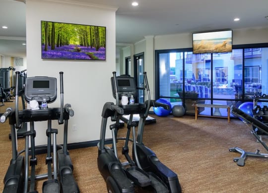 a gym with cardio equipment and a large window  at Essex, Columbus, Ohio