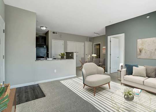 A living room with a grey carpet and a striped rug.