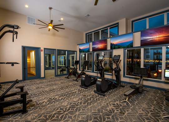 A gym with a variety of equipment including treadmills, weights, and a bench press.