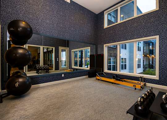 A gym with a mirror, a row of windows, and a row of exercise balls.
