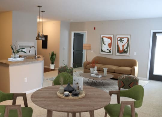 a living room and kitchen with a table and chairs