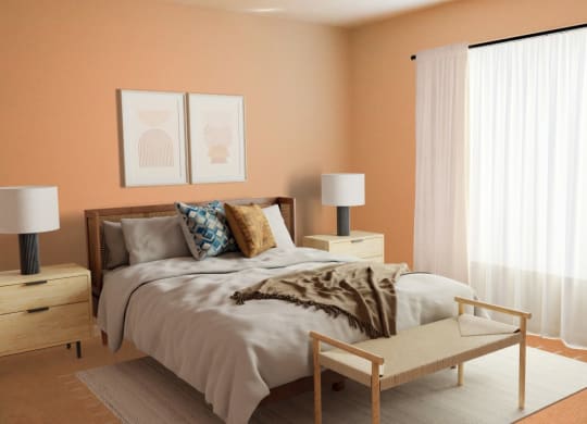 a bedroom with orange walls and white curtains and a bed with pillows